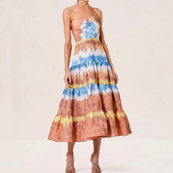 Alexis Dresses & Skirts - Alexis Roberta Tie Dye Tiered Halter Midi Dress Large Customized Boho Festival